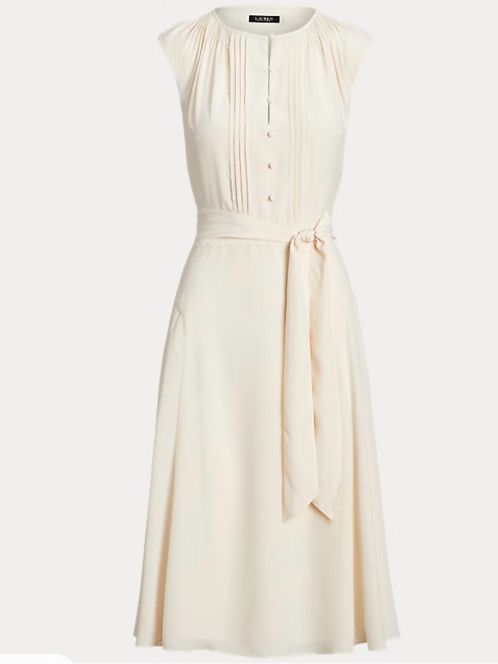 Ralph Lauren Cream Sleeveless Pleated Midi Dress with Waist Tie